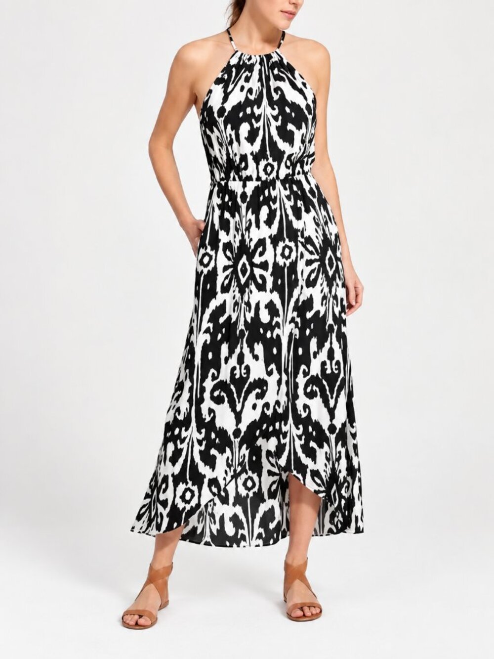 Athleta Women M Black White Ikat Bloom Halter Maxi Dress Boho Resort